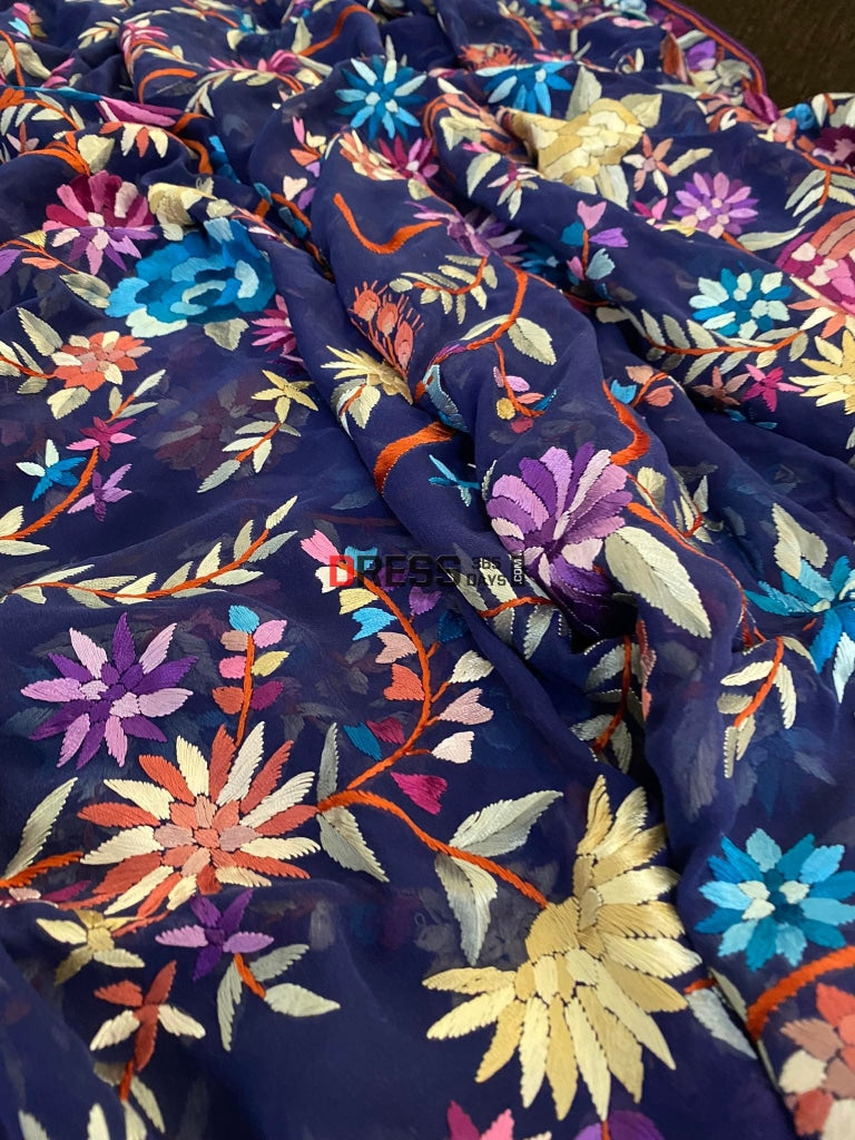 Heirloom Navy Multicolour Parsi Work Hand Embroidered Dupatta Gara