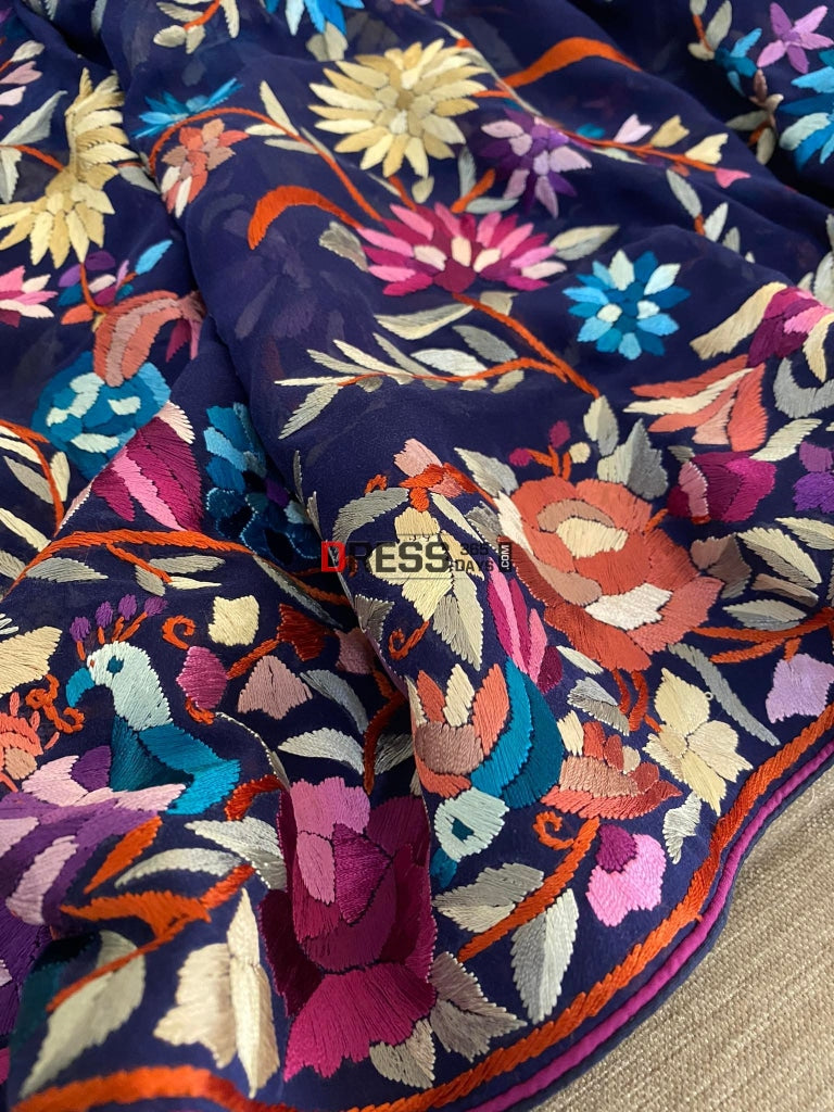 Heirloom Navy Multicolour Parsi Work Hand Embroidered Dupatta Gara