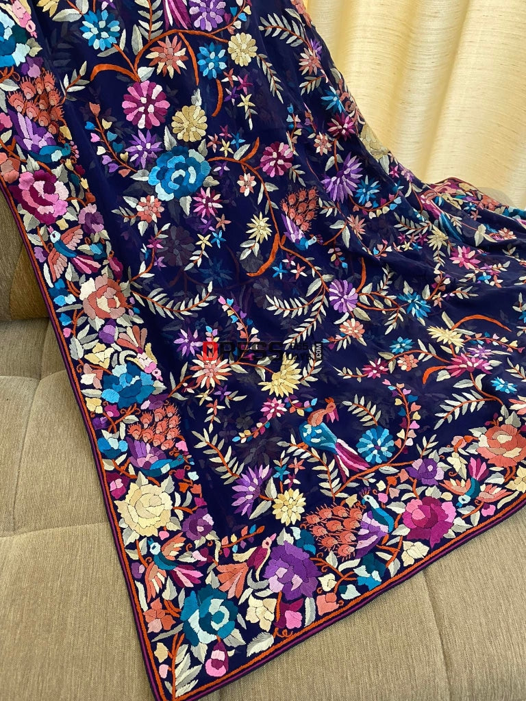 Heirloom Navy Multicolour Parsi Work Hand Embroidered Dupatta Gara