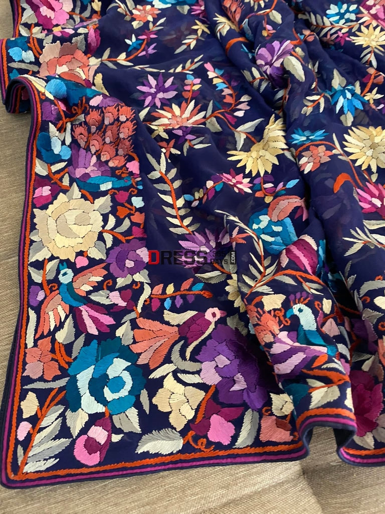 Heirloom Navy Multicolour Parsi Work Hand Embroidered Dupatta Gara