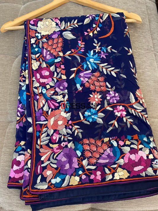 Heirloom Navy Multicolour Parsi Work Hand Embroidered Dupatta Gara