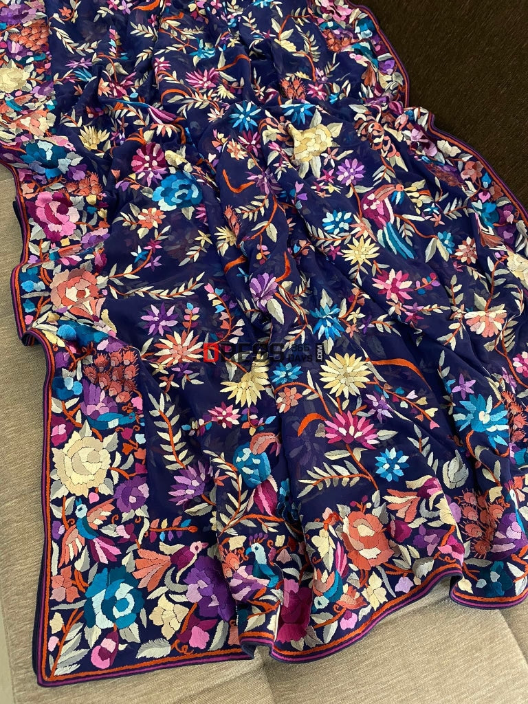 Heirloom Navy Multicolour Parsi Work Hand Embroidered Dupatta Gara