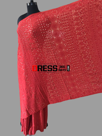 Heirloom Pick Red Chikankari and Kamdani Work Saree - Dress365days