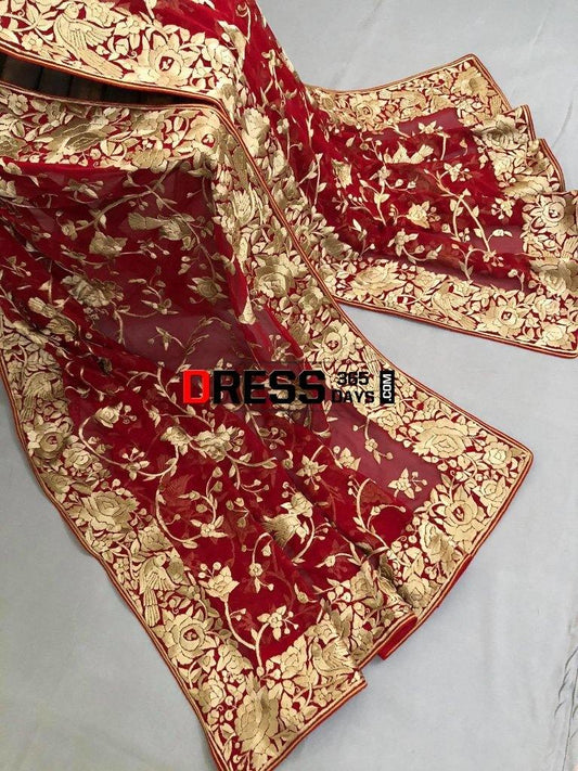 Heirloom Red And Gold Hand Embroidered Parsi Gara Dupatta