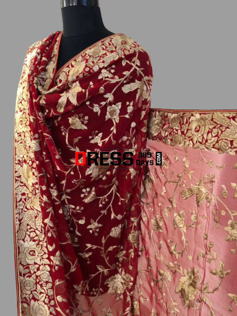 Heirloom Red And Gold Hand Embroidered Parsi Gara Dupatta