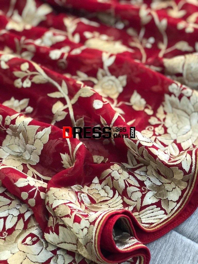 Heirloom Red And Gold Hand Embroidered Parsi Gara Dupatta
