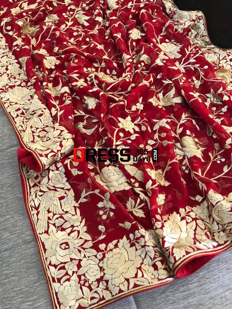Heirloom Red And Gold Hand Embroidered Parsi Gara Dupatta