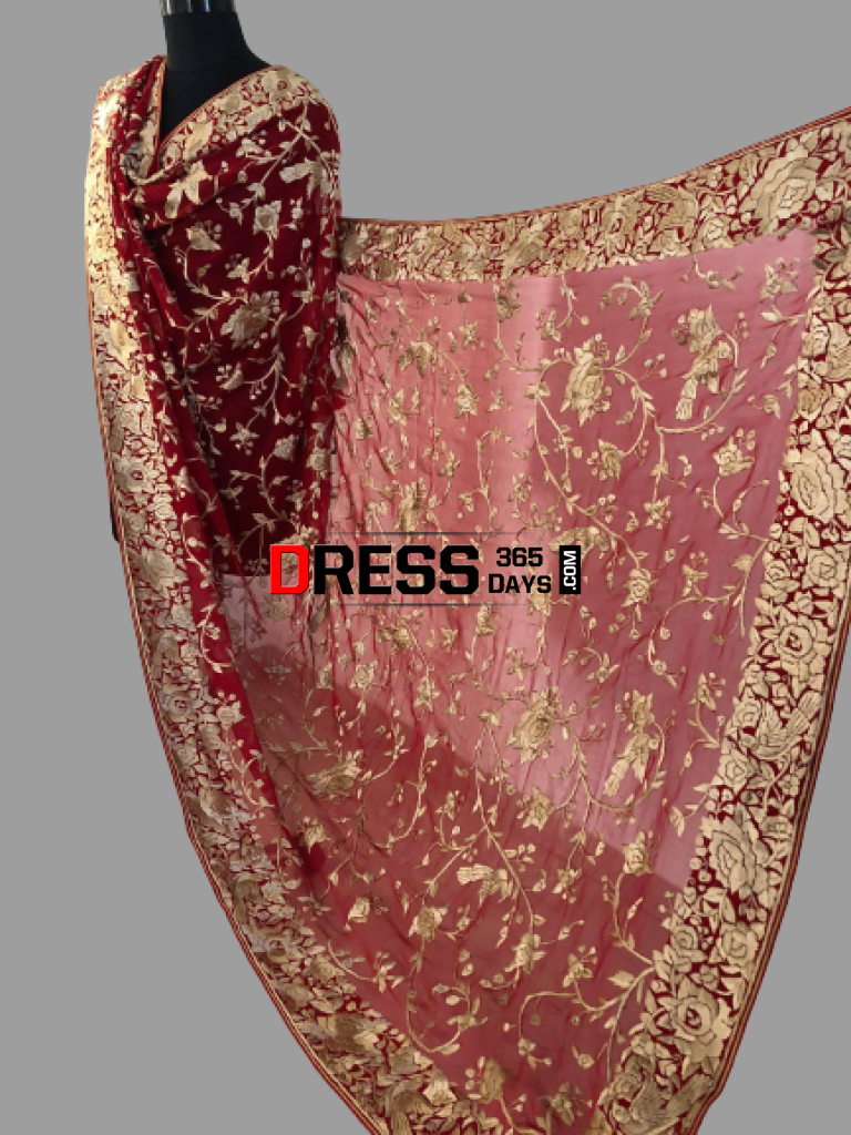 Heirloom Red And Gold Hand Embroidered Parsi Gara Dupatta