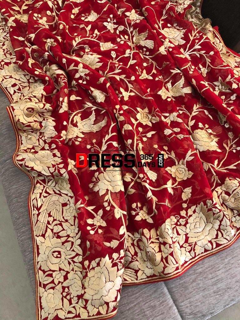 Heirloom Red And Gold Hand Embroidered Parsi Gara Dupatta