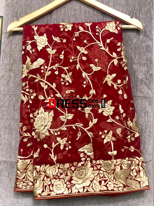 Heirloom Red And Gold Hand Embroidered Parsi Gara Dupatta