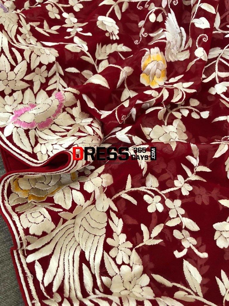 Heirloom Red And Ivory Parsi Gara Dupatta (Pure Georgette)