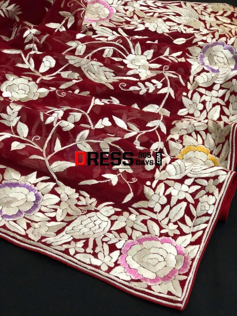 Heirloom Red And Ivory Parsi Gara Dupatta (Pure Georgette)