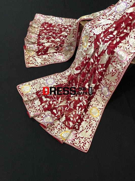 Heirloom Red And Ivory Parsi Gara Dupatta (Pure Georgette)