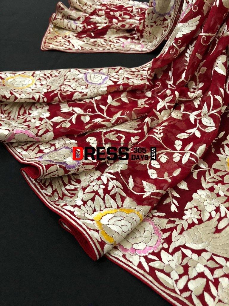 Heirloom Red And Ivory Parsi Gara Dupatta (Pure Georgette)