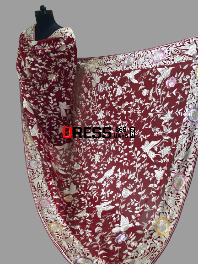Heirloom Red And Ivory Parsi Gara Dupatta (Pure Georgette)