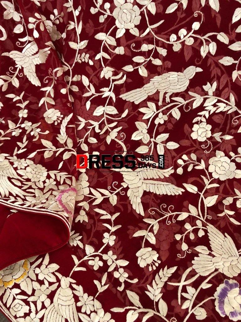 Heirloom Red And Ivory Parsi Gara Dupatta (Pure Georgette)