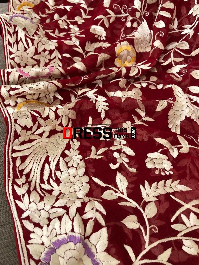 Heirloom Red And Ivory Parsi Gara Dupatta (Pure Georgette)