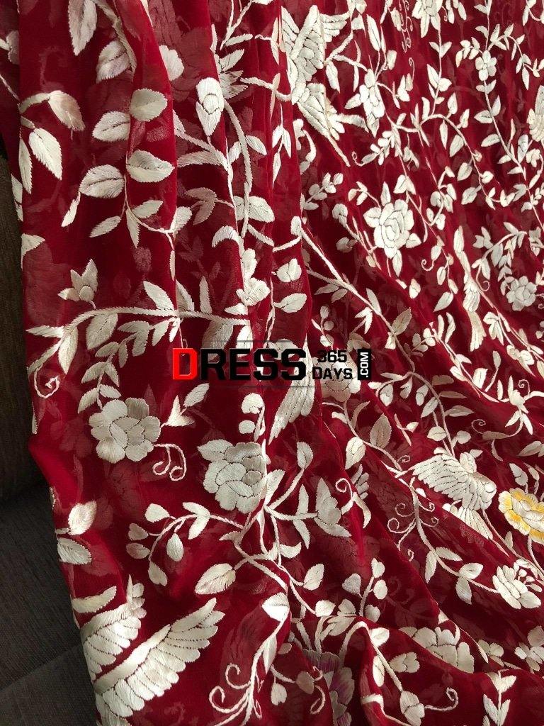 Heirloom Red And Ivory Parsi Gara Dupatta (Pure Georgette)