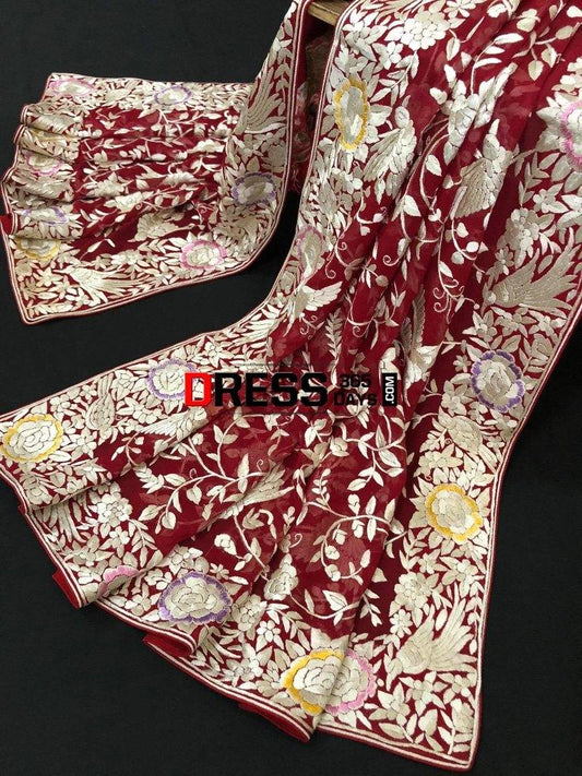 Heirloom Red And Ivory Parsi Gara Dupatta (Pure Georgette)