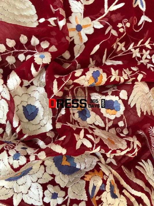 Heirloom Red Hand Embroidered Parsi Gara Dupatta