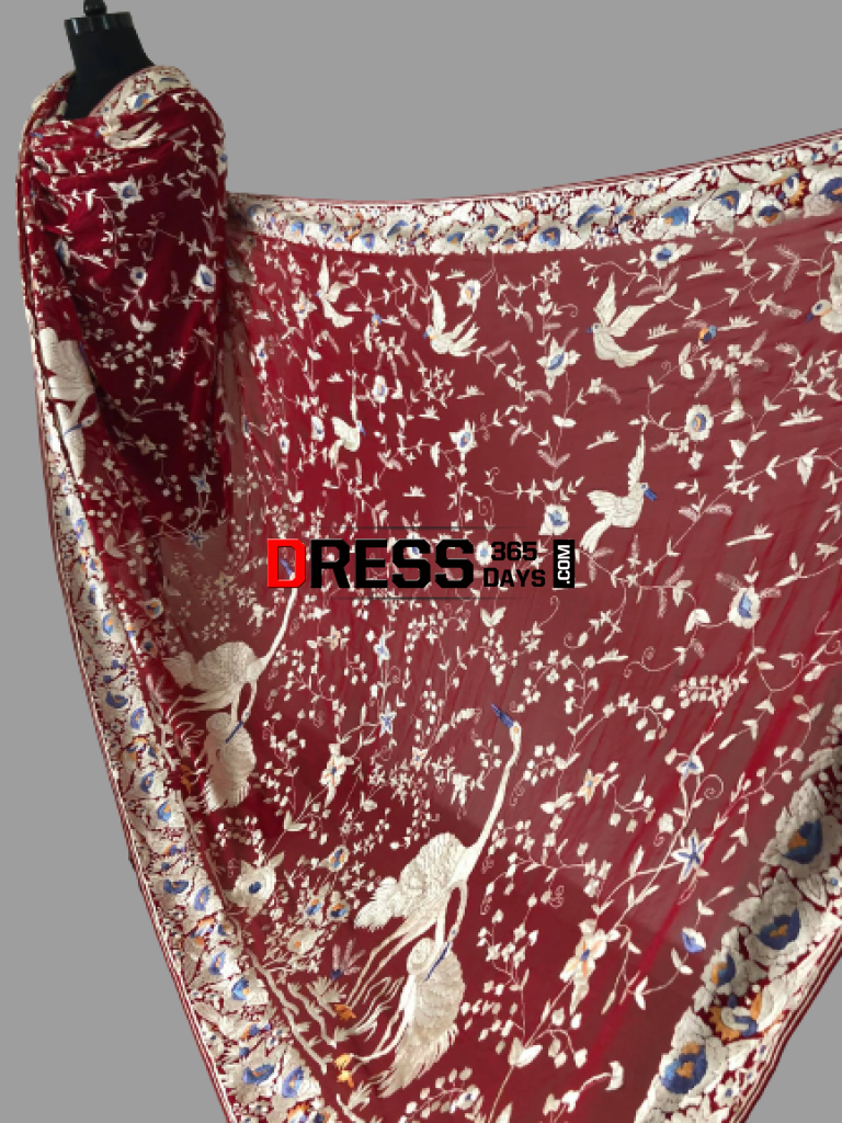 Heirloom Red Hand Embroidered Parsi Gara Dupatta