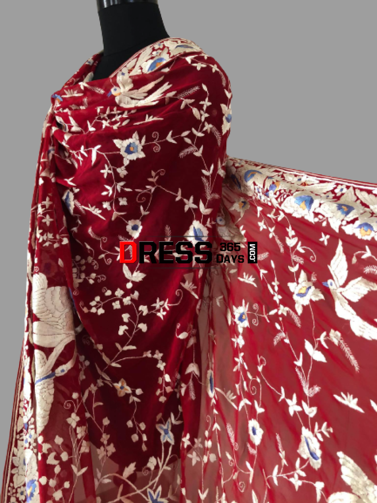 Heirloom Red Hand Embroidered Parsi Gara Dupatta