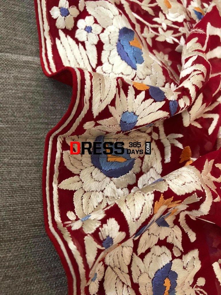 Heirloom Red Hand Embroidered Parsi Gara Dupatta