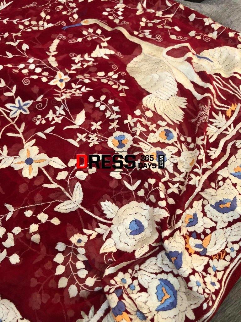 Heirloom Red Hand Embroidered Parsi Gara Dupatta