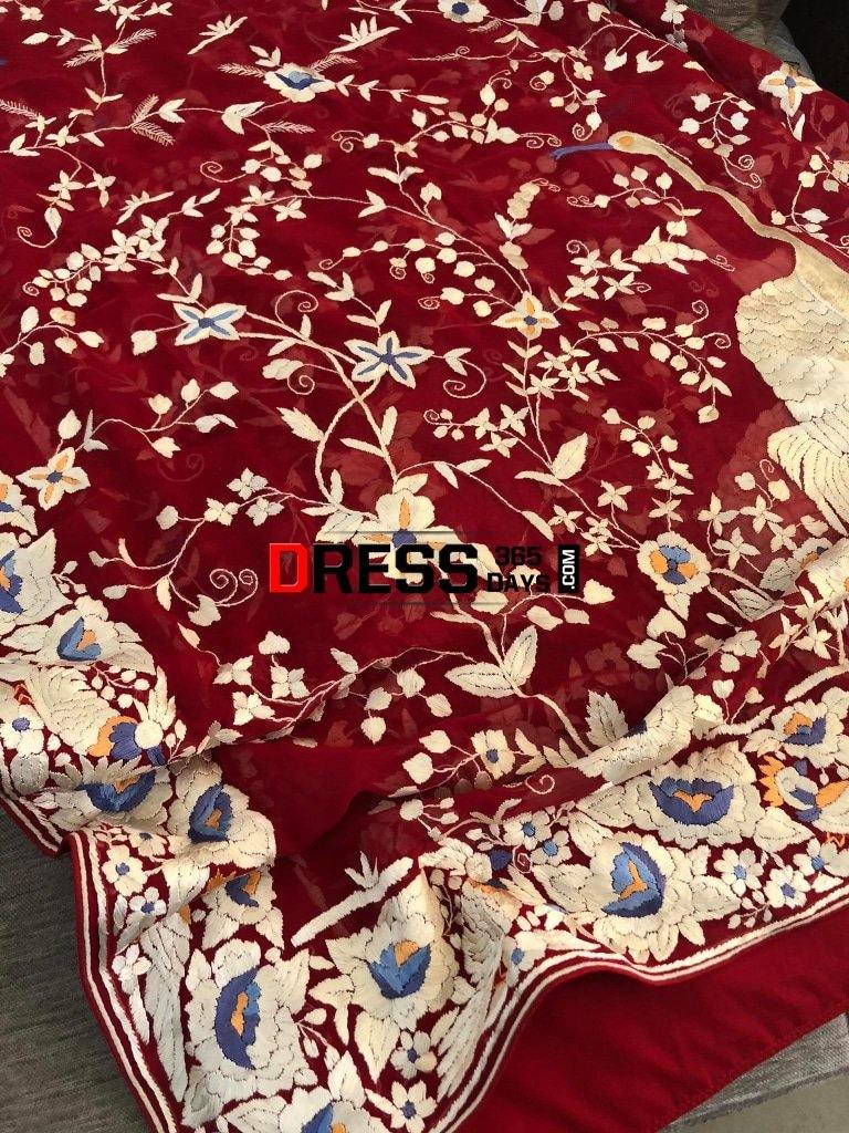 Heirloom Red Hand Embroidered Parsi Gara Dupatta
