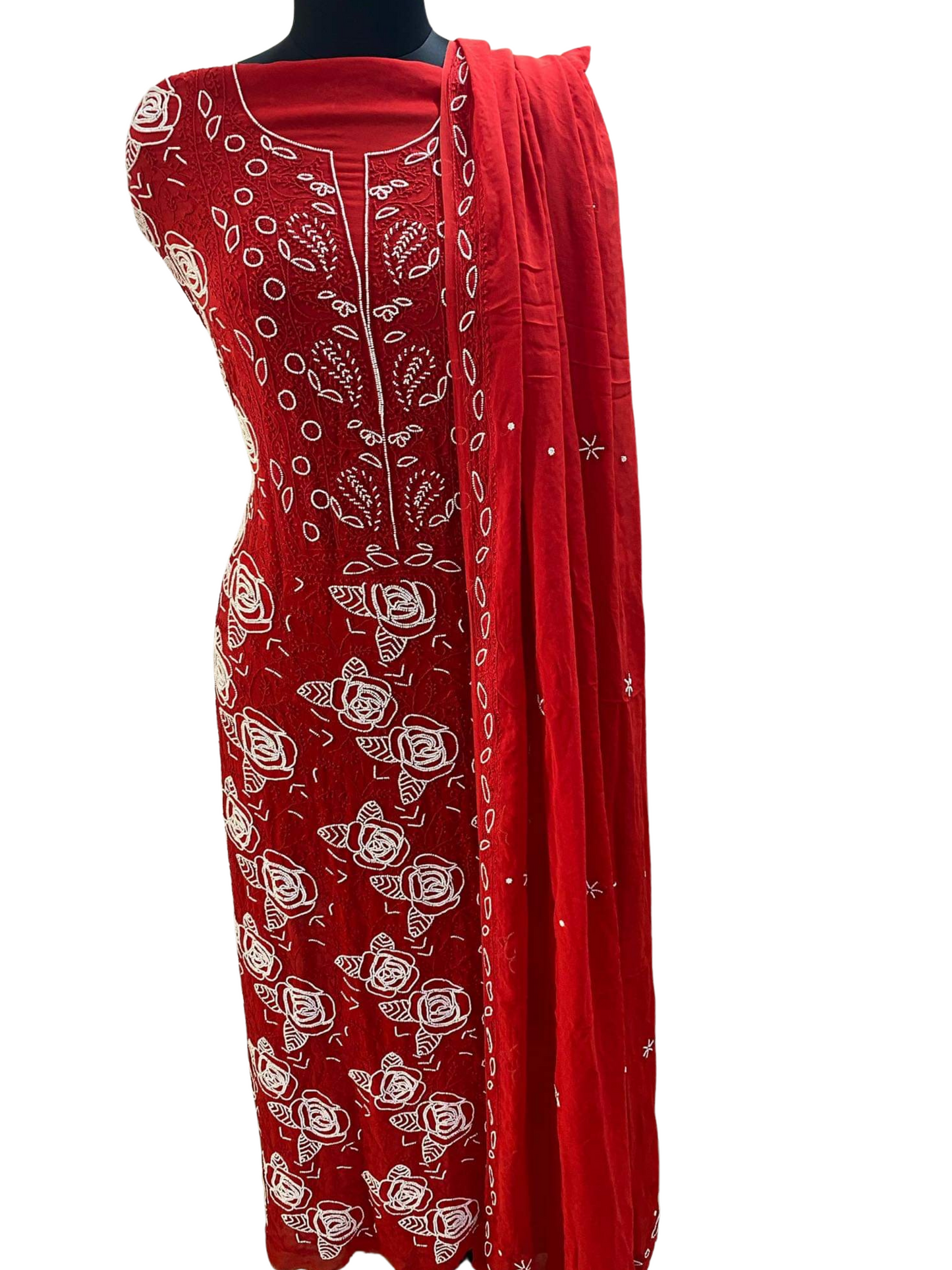 Red Pearl Lucknowi Chikankari Suit