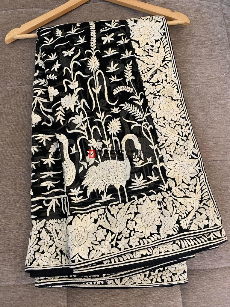 Ivory And Black Parsi Gara Hand Embroidered Dupatta
