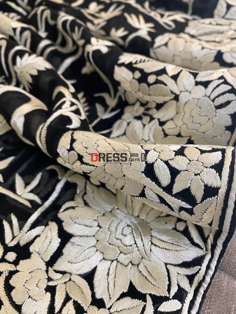 Ivory And Black Parsi Gara Hand Embroidered Dupatta