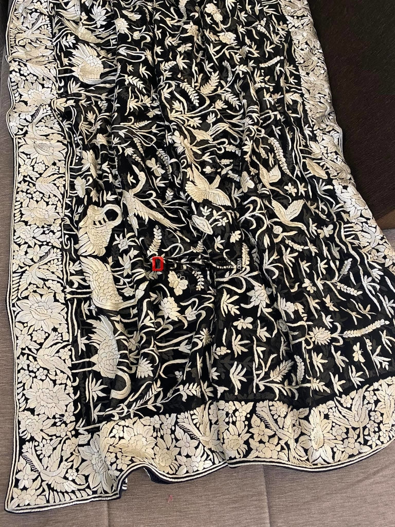 Ivory And Black Parsi Gara Hand Embroidered Dupatta