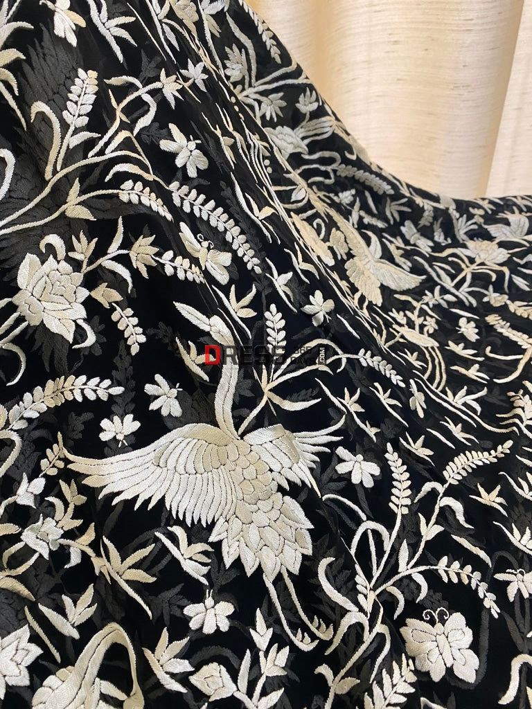 Ivory And Black Parsi Gara Hand Embroidered Dupatta