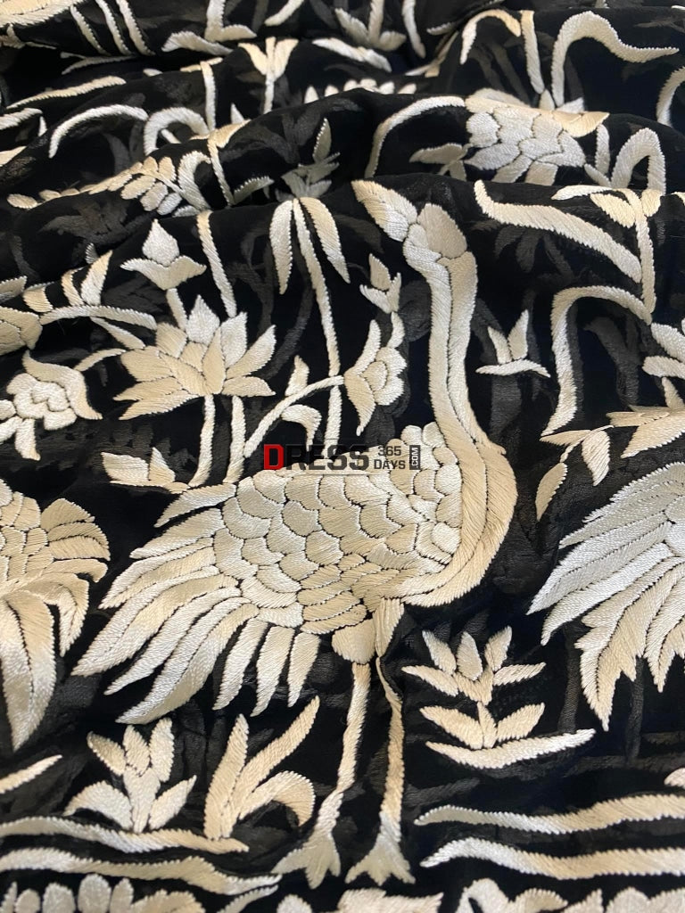 Ivory And Black Parsi Gara Hand Embroidered Dupatta