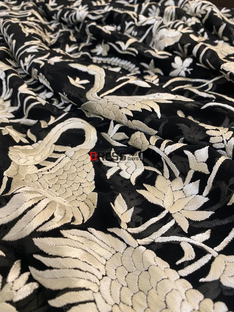 Ivory And Black Parsi Gara Hand Embroidered Dupatta