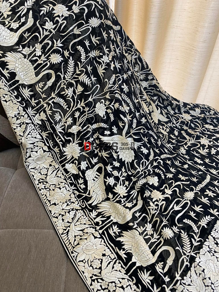 Ivory And Black Parsi Gara Hand Embroidered Dupatta