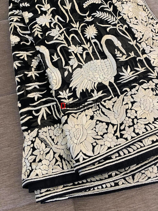 Ivory And Black Parsi Gara Hand Embroidered Dupatta