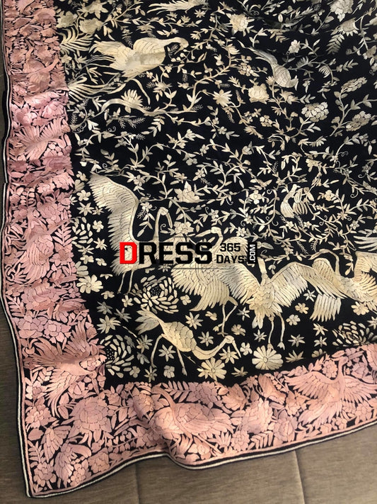 Ivory And Pink Parsi Gara Hand Embroidered Dupatta