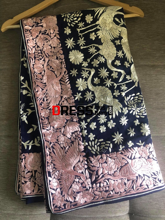 Ivory And Pink Parsi Gara Hand Embroidered Dupatta