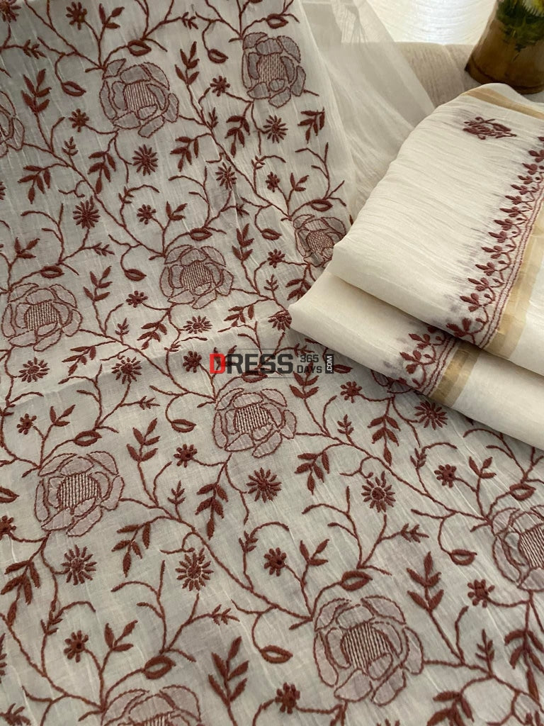 Ivory & Brown Mul Chanderi Chikankari Suit Suits