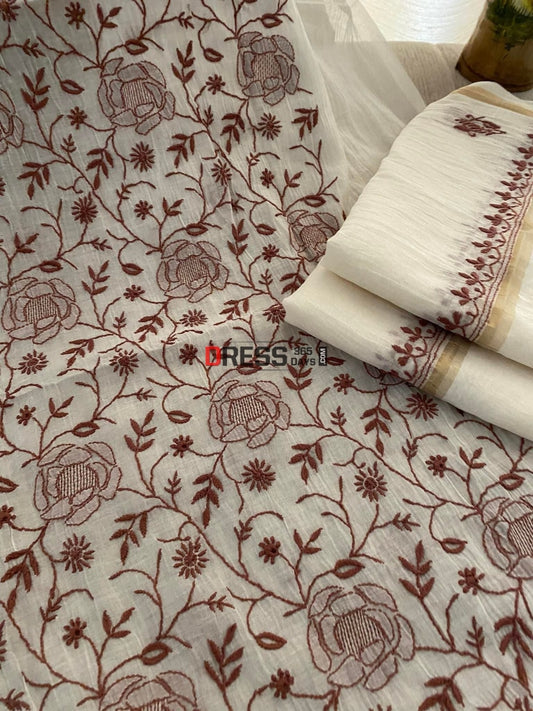 Ivory & Brown Mul Chanderi Chikankari Suit Suits