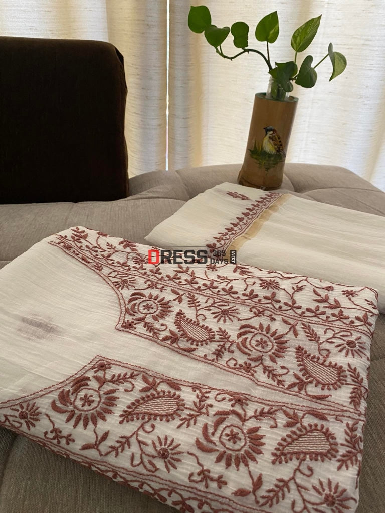 Ivory & Brown Mul Chanderi Chikankari Suit Suits