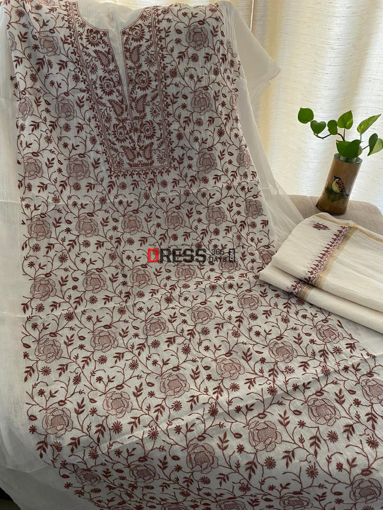 Ivory & Brown Mul Chanderi Chikankari Suit Suits