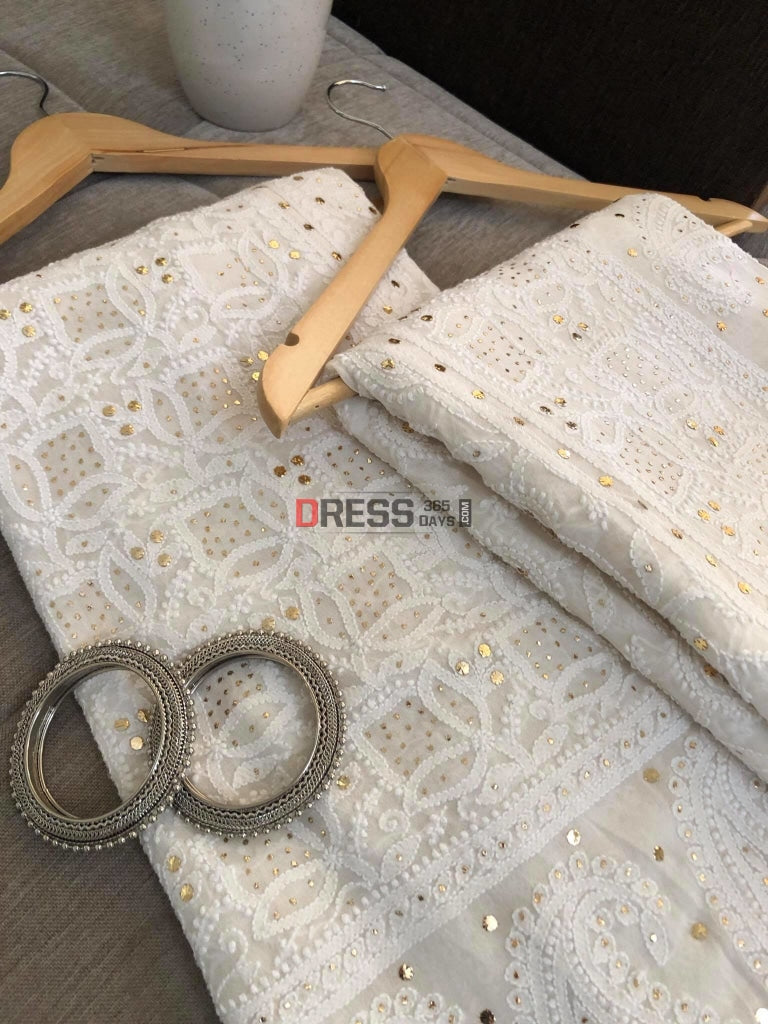 Ivory Chikankari Kamdani Lehenga Set