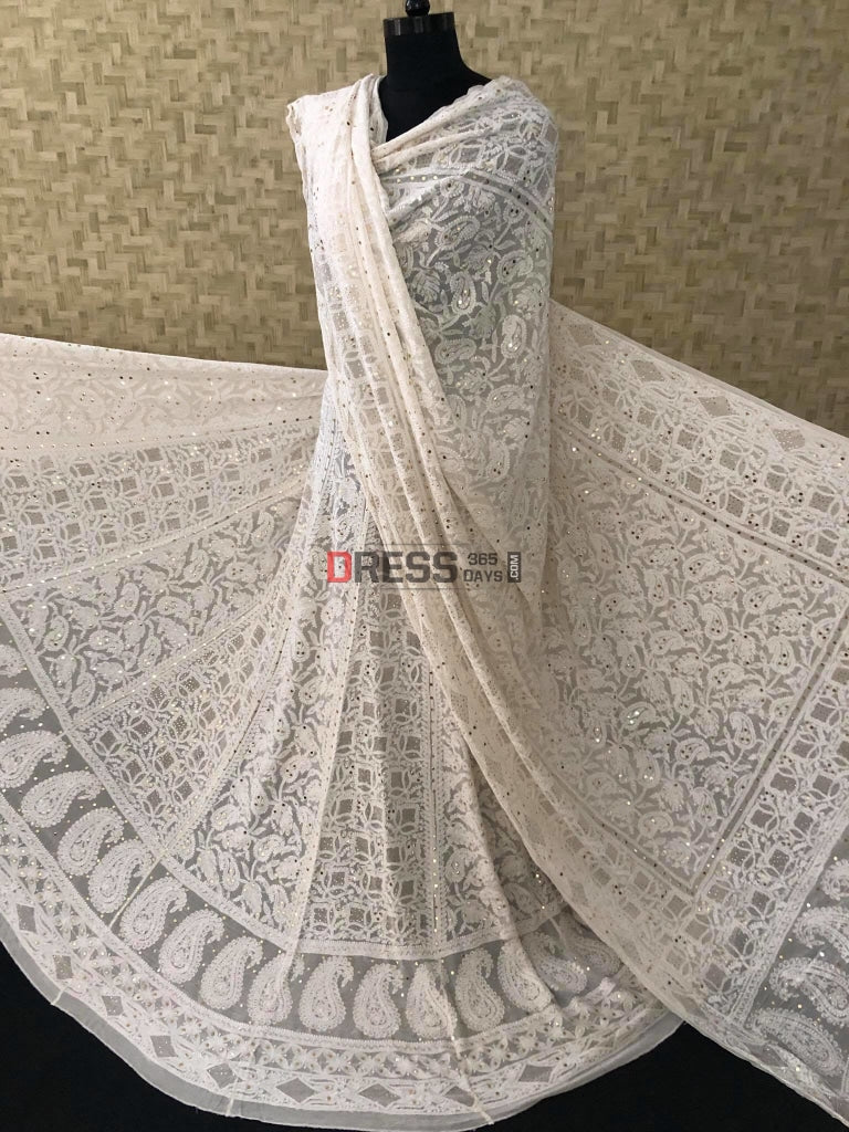 Ivory Chikankari Kamdani Lehenga Set