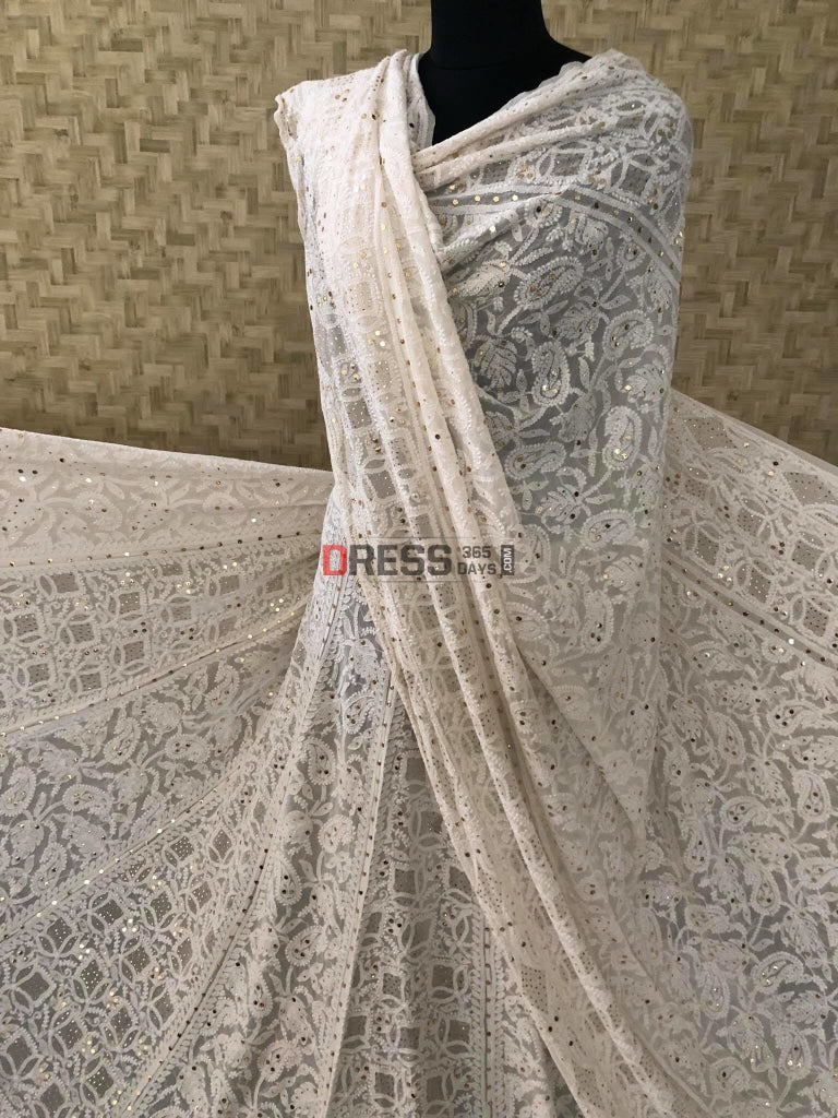 Ivory Chikankari Kamdani Lehenga Set