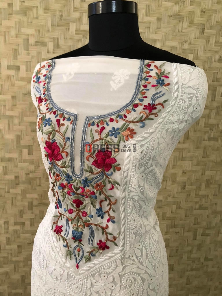 Ivory Chikankari & Kamdani Multicolour Neckline Suit Suits