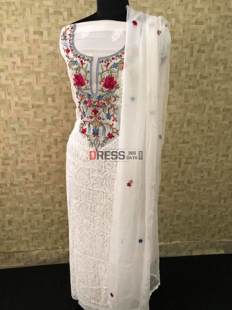 Ivory Chikankari & Kamdani Multicolour Neckline Suit Suits