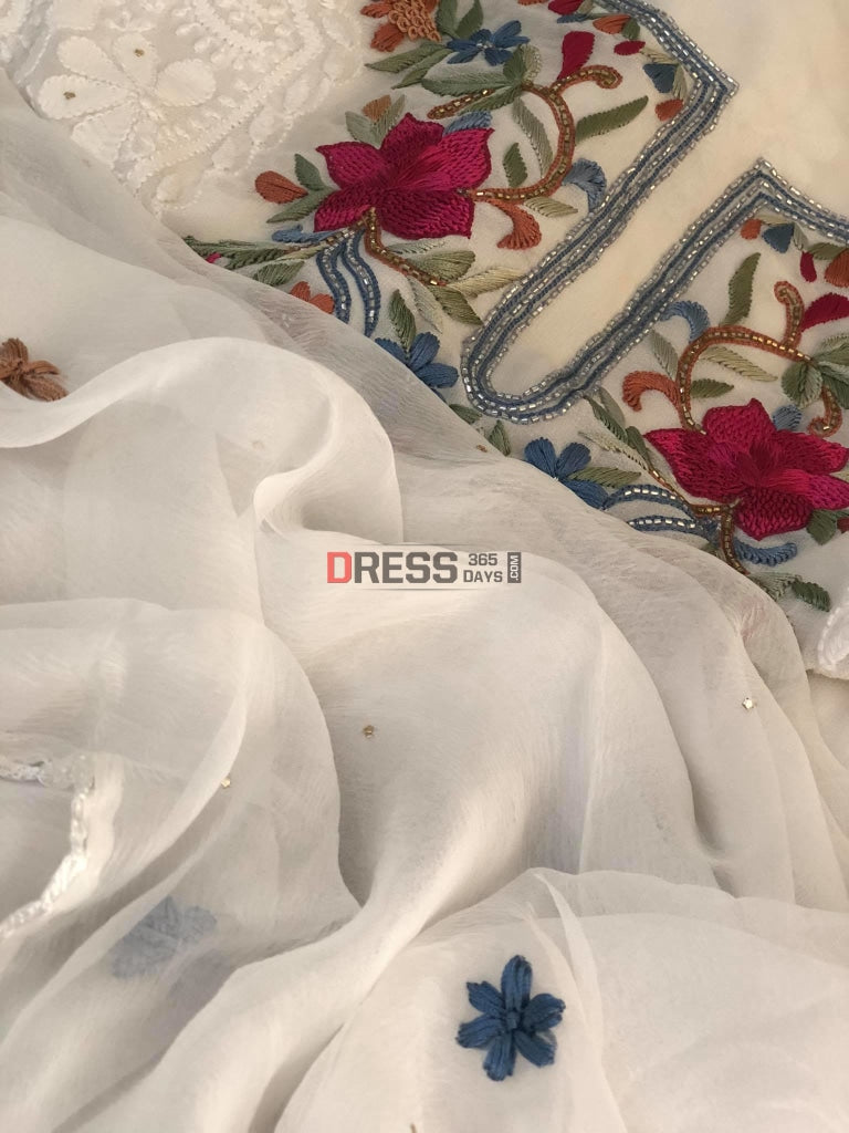 Ivory Chikankari & Kamdani Multicolour Neckline Suit Suits